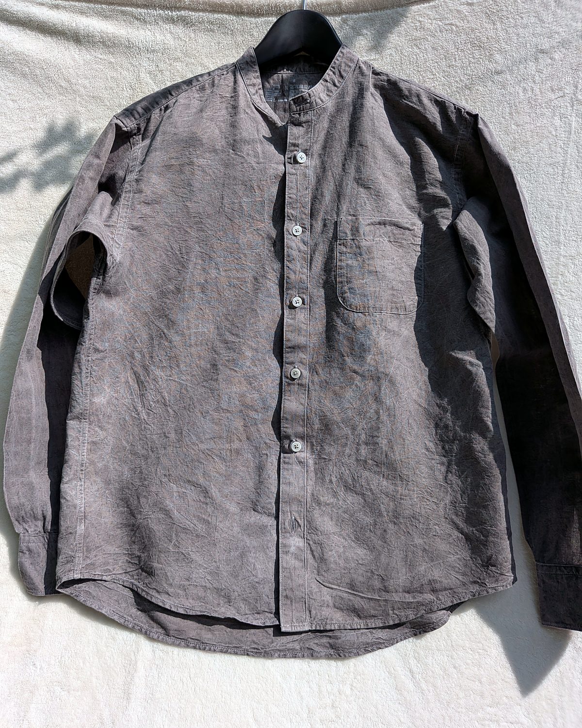 Kakishibu-dyed hemp cotton stand collar shirt
