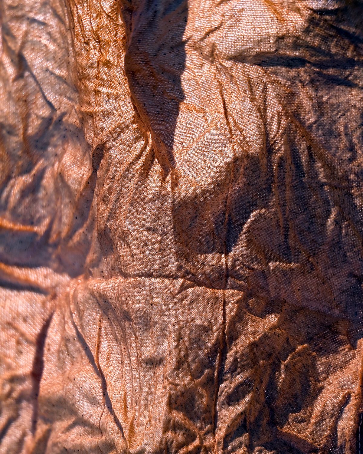 Wet kakishibu-dyed cloth with deep orange folds